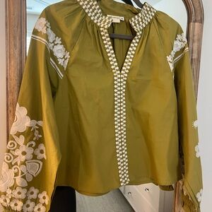 Julia Amory Olive Blouse with White Embroidery